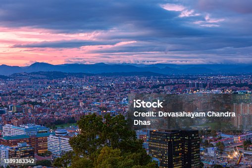 istock Bogota, Colombia - High Angle Panoramic View Of Barrio De Usaquén In The Capital City, As Viewed From The Heights Of La Calera On The Andes Mountains At Sunset. 1389383342