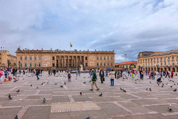 Bogota, Colombia - Looking Across Plaza Bolivar To The National Capitol, The Seat Of The Colombian Government In The South American, Andes Capital City. stock photo