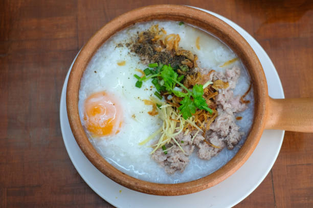 Boiled Rice with Minced Pork and Egg stock photo