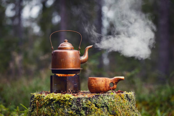 Boiling kettle on stove with wooden mug kuksa on old mossy stump in forest in focus. Boiling kettle on stove with wooden mug kuksa on old mossy stump in forest in focus. Background is blurred. bushcraft stock pictures, royalty-free photos & images