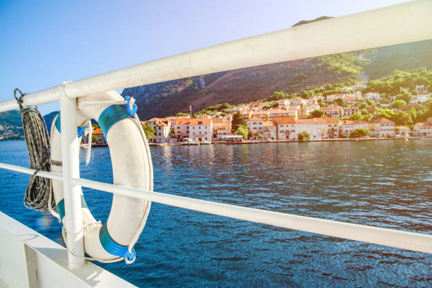 Boka Bay day cruise, Montenegro Stunning coastal view on one side of the coastline and the Adriatic Sea cruise vacation stock pictures, royalty-free photos & images
