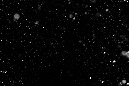 Bokeh white snow on a black night background