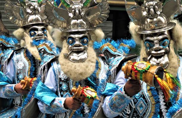 Bolivian Carnival. People in colorful carnival costumes and masks. stock photo