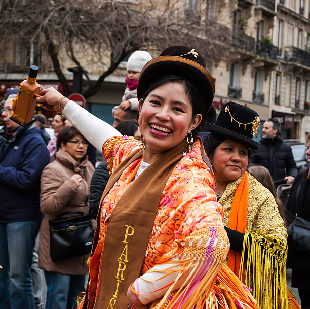 Bolivian community procession at the traditional Carnival in Paris. stock photo
