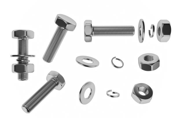 Bolts, nuts, washers, growers. 3D rendering stock photo