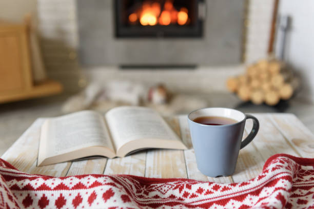 Book and cup of tea near fireplace Book and cup of tea near burning fireplace. Hygge concept hygge stock pictures, royalty-free photos & images