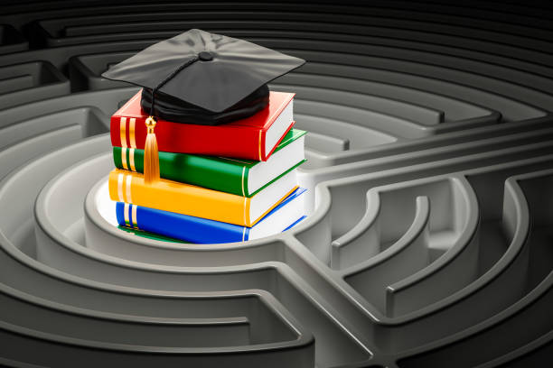 Books with graduation cap inside labyrinth maze. 3D rendering stock photo