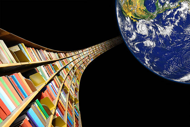 Bookshelf in orbit around earth. stock photo