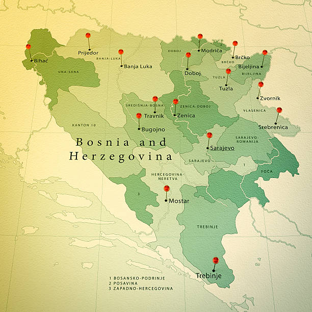 Bosnia and Herzegovina Map Square Cities Straight Pin Vintage 3D Render of a Map of Bosnia and Herzegovina with Straight Pins at the Position of important Cities. Vintage Color Style. Very high resolution available! bosnia and hercegovina stock pictures, royalty-free photos & images