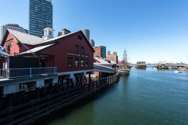 Boston downtown Boston, USA - July 20, 2018: Boston Teaparty museum at the river in downtown. boston tea party stock pictures, royalty-free photos & images