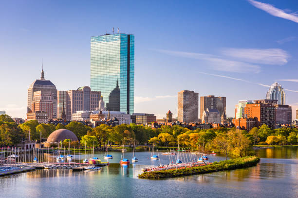 Boston, Massachusetts, USA Boston, Massachusetts, USA city skyline on the river. waterfront stock pictures, royalty-free photos & images