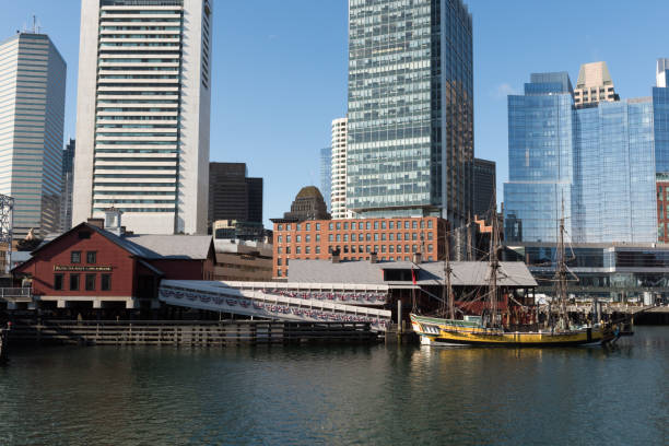 Boston Tea Party Boston, USA - Dec 14, 2017: Early in the day the famous Boston Tea Party Museum and pier, the harbor site where the Boston tea party took place. The Boston Tea Party was a protest was held by the Sons of Liberty on December 16, 1773. boston tea party stock pictures, royalty-free photos & images