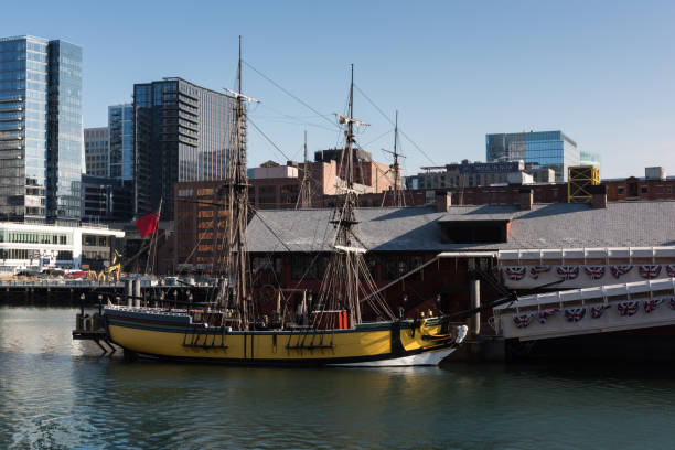 Boston Tea Party Boston, USA - Dec 14, 2017: Early in the day the famous Boston Tea Party Museum and pier, the harbor site where the Boston tea party took place. The Boston Tea Party was a protest was held by the Sons of Liberty on December 16, 1773. boston tea party stock pictures, royalty-free photos & images