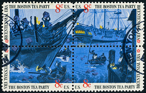 Boston Tea Party Stamp "Richmond, Virginia, USA - December 3rd, 2012:  Cancelled Stamp From The United States Commemorating The Boston Tea Party And Featuring Four Stamps In A Block." boston tea party stock pictures, royalty-free photos & images