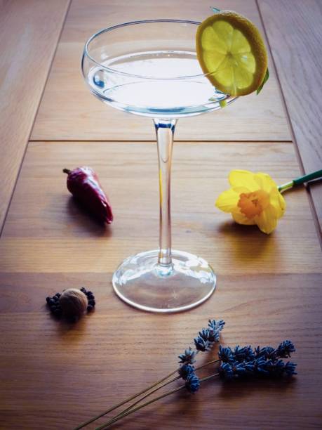 Botanicals and a cocktail glass on a table stock photo