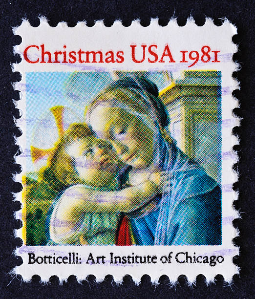 Botticelli Christmas Stamp 1981 "This 1981 Christmas Stamp features a Madonna and Child painted during the fifteenth century by Sandro Botticelli, one of the foremost painters of the Florentine Renaissance. The painting hangs in the Art Institute of Chicago, where the First Day of Issue ceremony took place." botticelli stock pictures, royalty-free photos & images