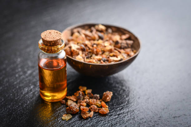 A bottle of myrrh essential oil stock photo