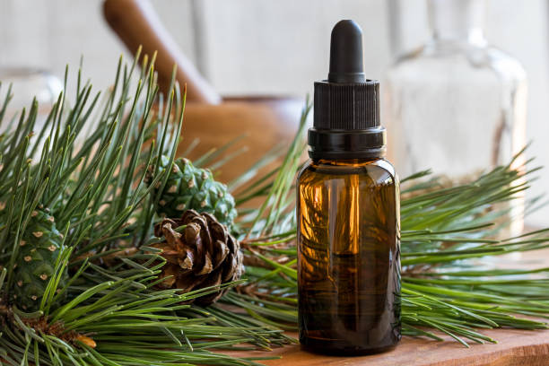 A bottle of pine essential oil stock photo