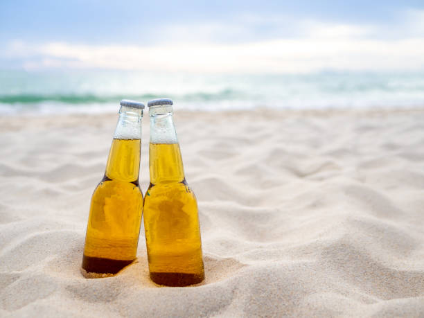 botellas de cerveza en la playa. concepto de fiesta, amistad, cerveza. - mano agarrando botella de cerveza y taza fotografías e imágenes de stock