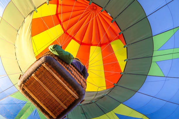 A bottom view of a colorful hot air balloon with its wicker basket Mexico -- A bottom view of a colorful hot air balloon with its wicker basket as it soars high in the sky. hot air balloon stock pictures, royalty-free photos & images