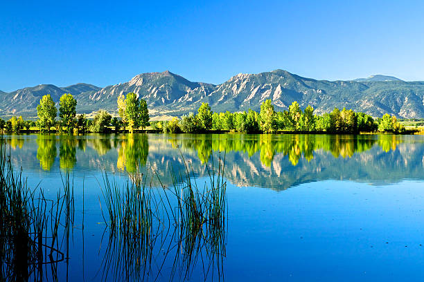 Boulder Flatirons in the fall A view of the Boulder Flatirons across Coot Lake in the fall. boulder colorado stock pictures, royalty-free photos & images