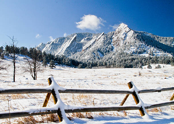Boulder Flatirons in Winter View of Snow Covered Flatirons from Chautauqua Park Boulder Colorado boulder colorado stock pictures, royalty-free photos & images