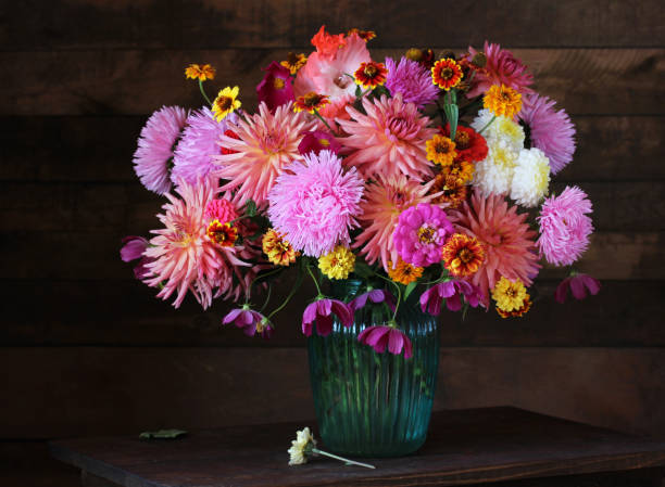 Bouquet of autumn garden flowers on the table. Bouquet of autumn garden flowers in a vase on a table on a Board background. zinnia stock pictures, royalty-free photos & images