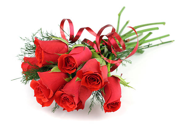 Bouquet of long stemmed red roses isolated on white stock photo
