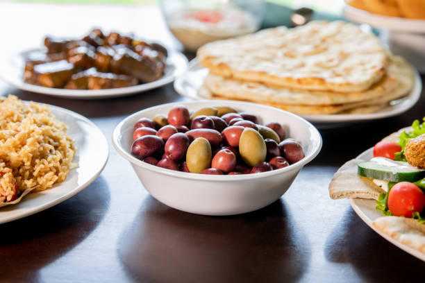 Bowl of olives for Ramadan feast stock photo