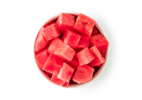A bowl with Sliced fresh watermelon isolated on white background