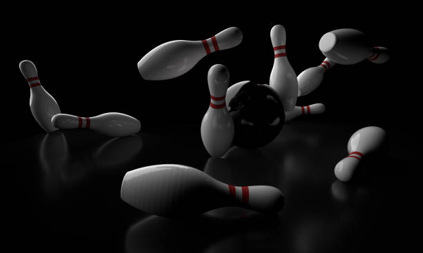 concetto di attacco bowling: palla nera con perni (percorso di ritaglio) - sphere flying foto e immagini stock