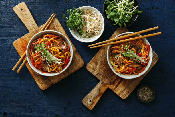 Bowls with chow mein stock photo