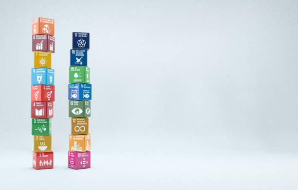 3D boxes with sustainable development goals 2030 with copy space Reflective box with goals formation in two pillars zero waste photos stock pictures, royalty-free photos & images