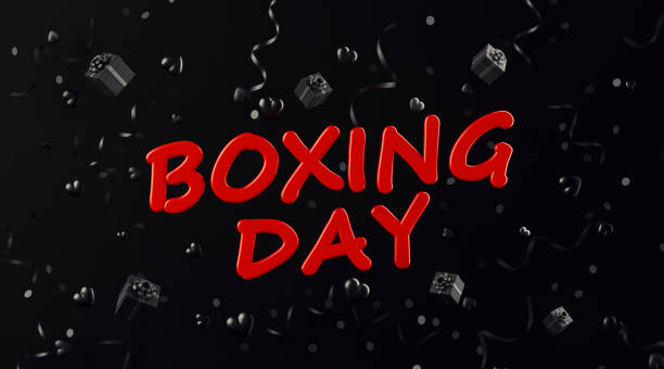 Boxing Day written in red over black gift boxes and streamers. Horizontal composition with copy space. Boxing Day concept.