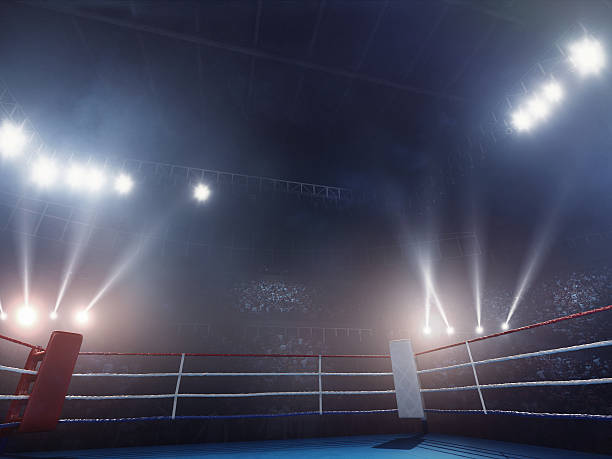Boxing: Empty professional ring with crowd 3D made empty professional indoor ring with crowd on the bleachers with intensional lenseflares and fog. boxing ring stock pictures, royalty-free photos & images