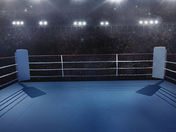 Boxing: Empty professional ring with crowd 3D made empty professional indoor ring with crowd on the bleachers with intensional lenseflares and fog. boxing ring stock pictures, royalty-free photos & images