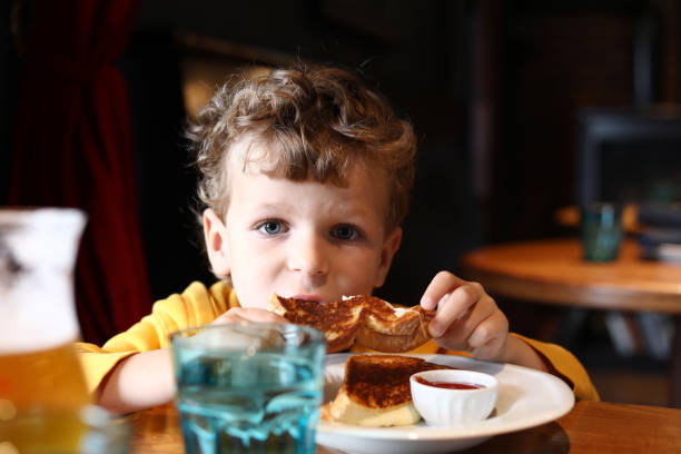 Boy eating a grilled cheese sandwich in a restaurant stock photo
