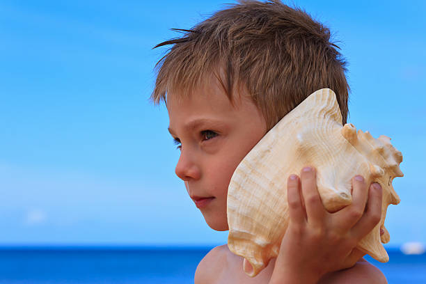 Boy with big shell stock photo