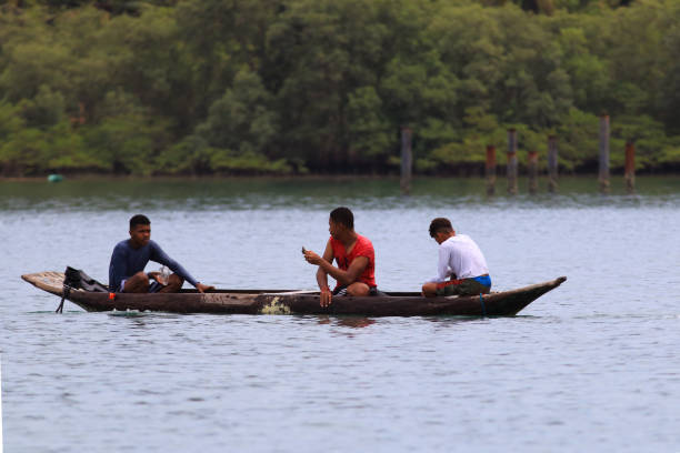 男孩們在托多斯奧斯桑托斯海灣的鄉村船上釣魚。 - rafael santos 個照片及圖片檔