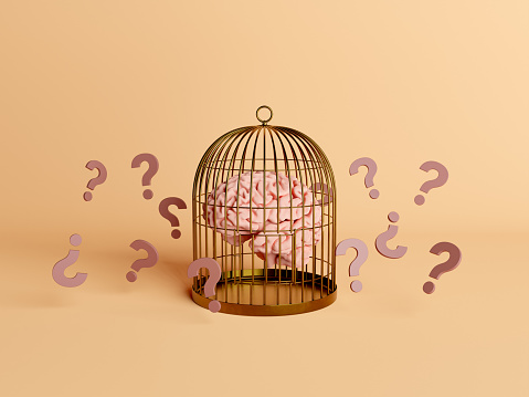 brain trapped inside a cage with question marks floating around. concept of mental block and intelligence . 3d rendering