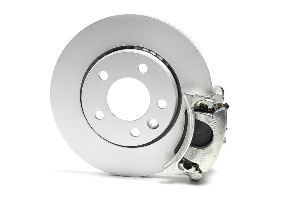 brand new brake discs, brake caliper and brake pad set for car. isolated on white with copy space. brand new brake discs, brake caliper and brake pad set for car. isolated on white with copy space brake stock pictures, royalty-free photos & images