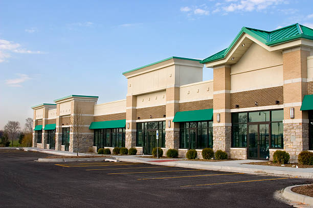 Brand-new strip mall and parking in the suburbs stock photo