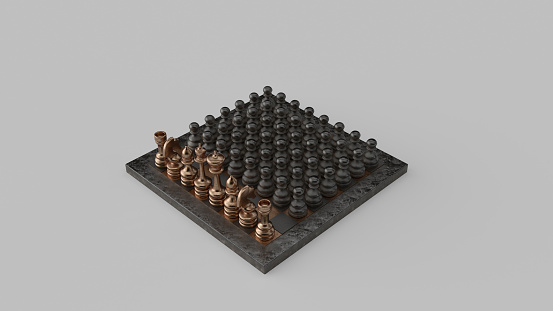 Brass and Iron chessboard and pieces 3d illustration 3d rendering