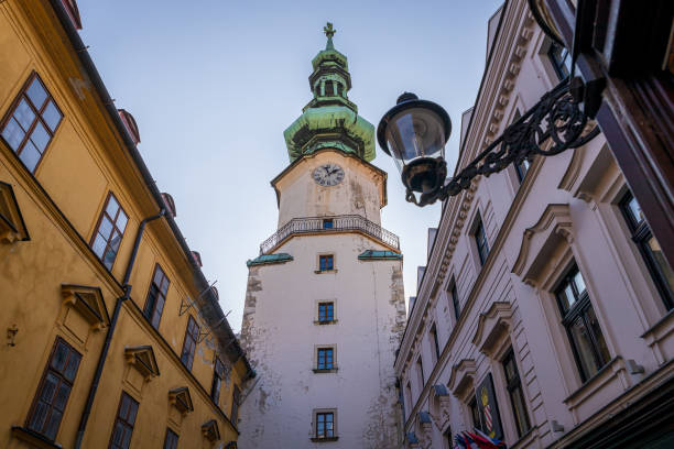 Bratislava clock tower in the historical center stock photo