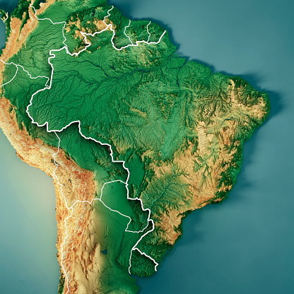 3D Render of a Topographic Map of Brazil. Version with Country Boundaries.
All source data is in the public domain.
Color texture: Made with Natural Earth. 
http://www.naturalearthdata.com/downloads/10m-raster-data/10m-cross-blend-hypso/
Relief texture: NASADEM data courtesy of NASA JPL (2020). URL of source image: 
https://doi.org/10.5067/MEaSUREs/NASADEM/NASADEM_HGT.001
Water texture: SRTM Water Body SWDB:
https://dds.cr.usgs.gov/srtm/version2_1/SWBD/
Boundaries Level 0: Humanitarian Information Unit HIU, U.S. Department of State (database: LSIB)
http://geonode.state.gov/layers/geonode%3ALSIB7a_Gen
