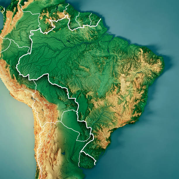 Brazil 3D Render Topographic Map Color Border 3D Render of a Topographic Map of Brazil. Version with Country Boundaries.
All source data is in the public domain.
Color texture: Made with Natural Earth. 
http://www.naturalearthdata.com/downloads/10m-raster-data/10m-cross-blend-hypso/
Relief texture: NASADEM data courtesy of NASA JPL (2020). URL of source image: 
https://doi.org/10.5067/MEaSUREs/NASADEM/NASADEM_HGT.001
Water texture: SRTM Water Body SWDB:
https://dds.cr.usgs.gov/srtm/version2_1/SWBD/
Boundaries Level 0: Humanitarian Information Unit HIU, U.S. Department of State (database: LSIB)
http://geonode.state.gov/layers/geonode%3ALSIB7a_Gen caatinga stock pictures, royalty-free photos & images