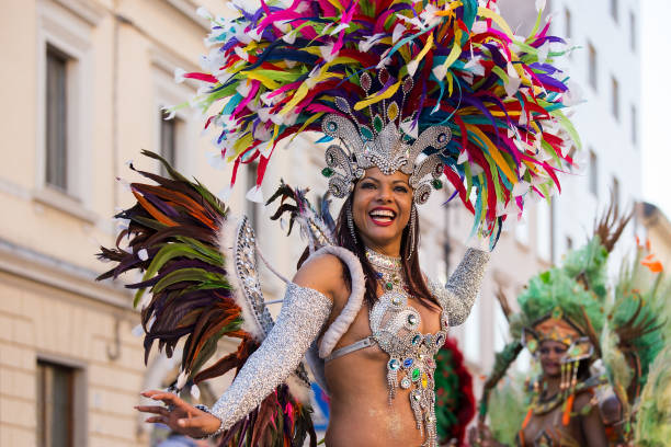 Brazil Lady dancing Samba on the streets of city carnival, Monfalcone, Italy stock photo