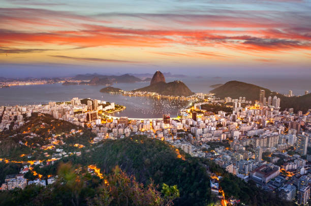 Brazil Rio de Janeiro aerial view with Guanabara Bay and Sugar Loaf at night stock photo