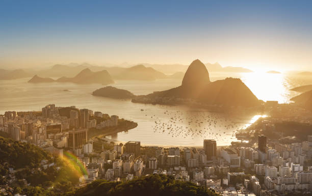 Brazil Rio de Janeiro Sugar Loaf with Guanabara Bay at sunrise stock photo