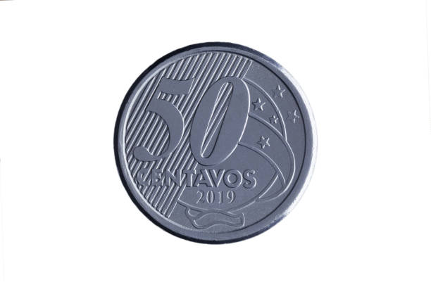 Brazilian "50 centavos de Real" 2019 coin reverse on white background - high magnification stock photo